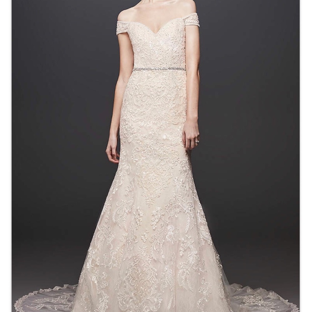 Oleg Cassini Off-Shoulder Lace Wedding Dress - Cream